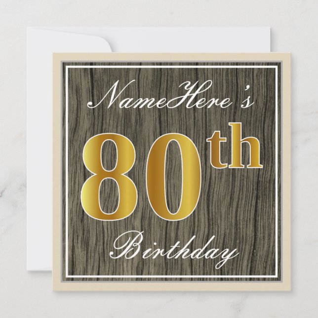 Elegant, Faux Wood, Faux Gold 80th Birthday + Name Invitation (Front)