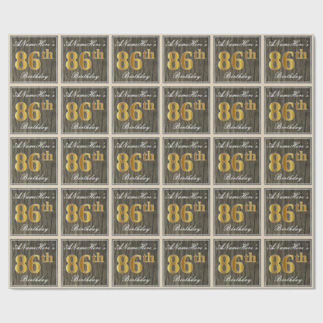 Elegant, Faux Wood, Faux Gold 86th Birthday + Name Wrapping Paper (Flat)