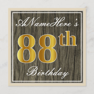 Elegant, Faux Wood, Faux Gold 88th Birthday + Name Invitation
