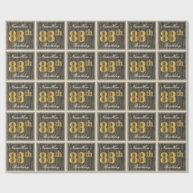 Elegant, Faux Wood, Faux Gold 88th Birthday + Name Wrapping Paper (Flat)