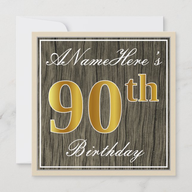 Elegant, Faux Wood, Faux Gold 90th Birthday + Name Invitation (Front)