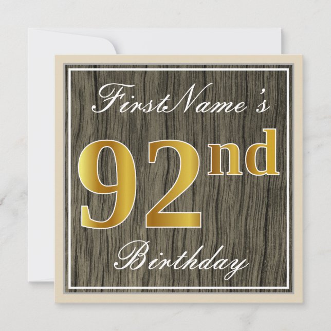 Elegant, Faux Wood, Faux Gold 92nd Birthday + Name Invitation (Front)