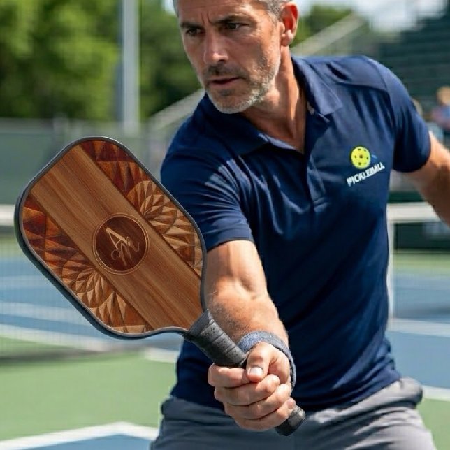Elegant Faux Wood Inlay Intricate Pattern Monogram Pickleball Paddle (Creator Uploaded)