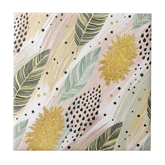 Elegant Feather & Abstract Brushstroke Seamless Ceramic Tile (Front)