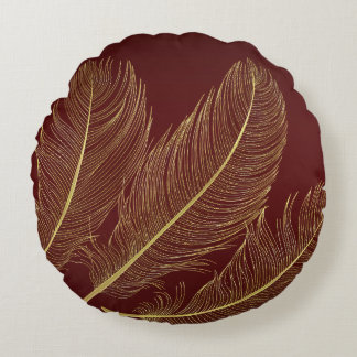 Elegant Feather Art In Rich Burgundy Luxury Tones Round Cushion