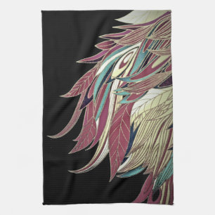 Elegant feather leaf abstract black teal gold red tea towel