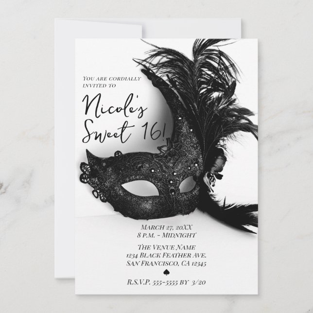 Elegant Feather Masquerade Black & White Sweet 16 Invitation (Front)