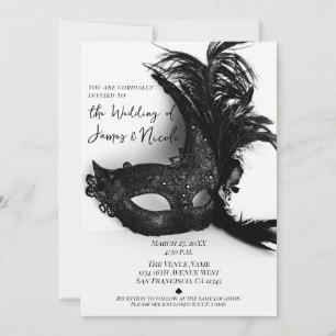 Elegant Feather Masquerade  Black White Wedding Invitation