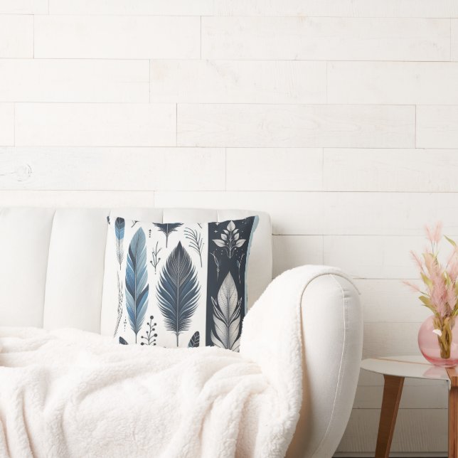 Elegant Feather Symphony in Blue & Silver Cushion (Couch)