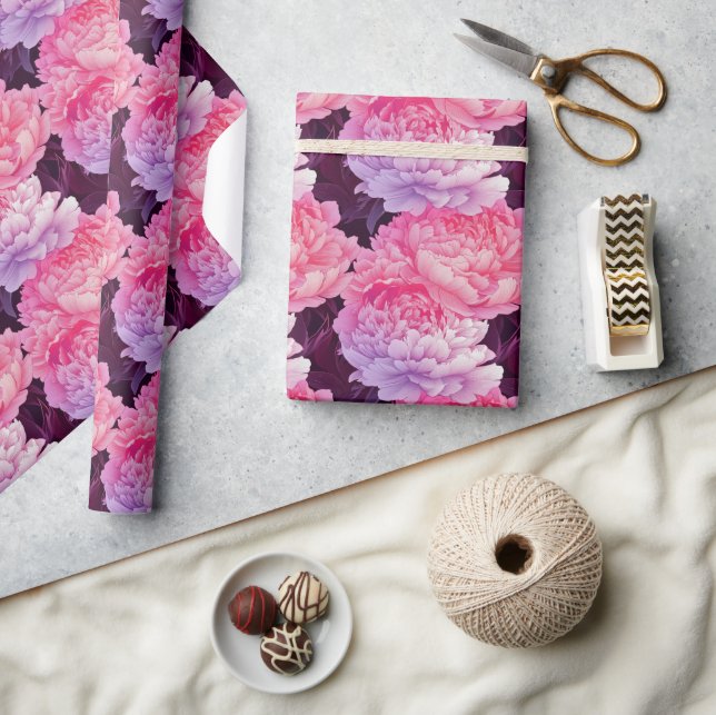 Elegant Feline Peonies Print Wrapping Paper (Crafts)