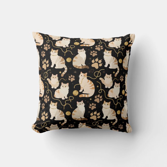 Elegant felines and sparkling gold yarn on black,  cushion (Front)