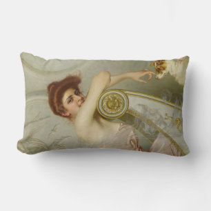 Elegant Female Beauty Playing With Her Puppy Dog Lumbar Cushion