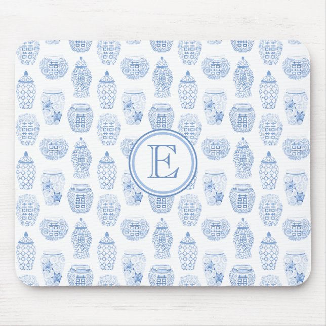 Elegant Female Blue And White Ginger Jar Monogram Mouse Pad (Front)