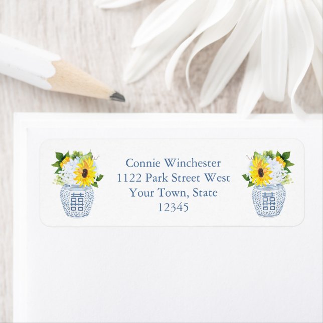 Elegant Female Sunflower Ginger Jar Return Address Label (Insitu)