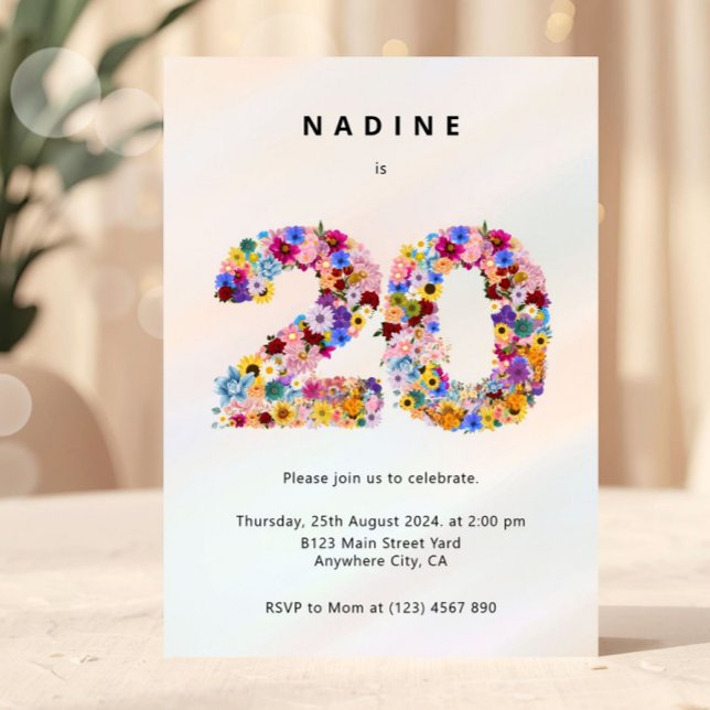 Elegant Feminine Chic Floral 20th Birthday Invitation (floral birthday invitation, 20th birthday invite, flower number invitation, feminine birthday invite)