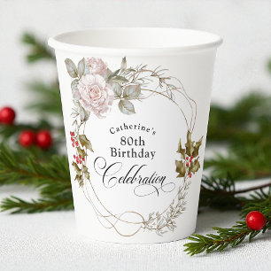 Elegant Feminine Floral December 80th Birthday Paper Cups