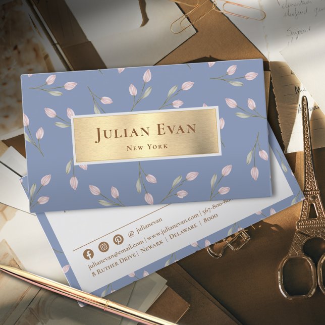 Elegant Feminine Glitter Gold Dusty Blue Floral Business Card (Creator Uploaded)
