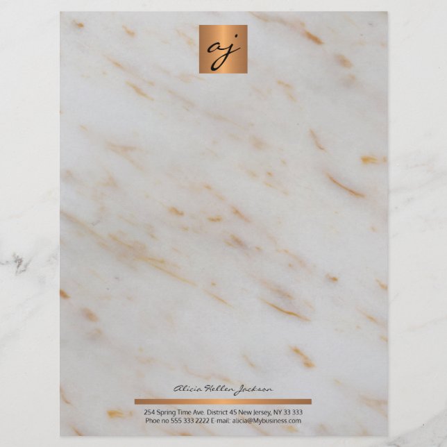 Elegant feminine marble copper gold monogrammed custom letterhead (Front)