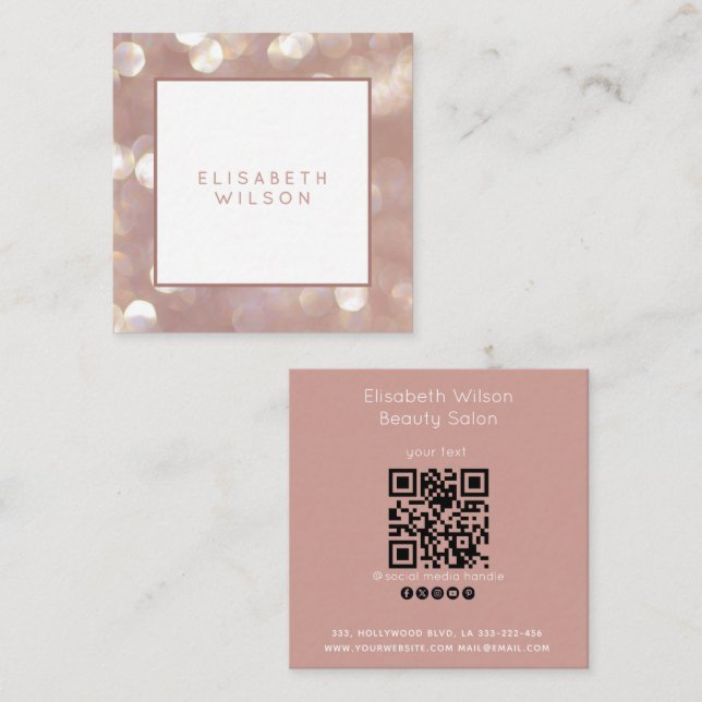 Elegant  feminine minimalist rose gold bokeh QR  Square Business Card (Front/Back)