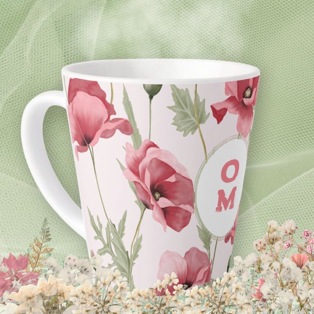Elegant Feminine Monogram Wildflower Pink Poppy Latte Mug (Elegant Feminine Monogram Wildflower Pink Poppy Latte Mug ©Susanne Sachers - Sunny Mind 🌞)