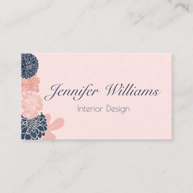 Elegant feminine navy blue and blush pink floral business card (Front)