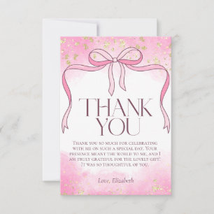 Elegant Feminine Pink Bow Faux Gold Glitter Bridal Thank You Card