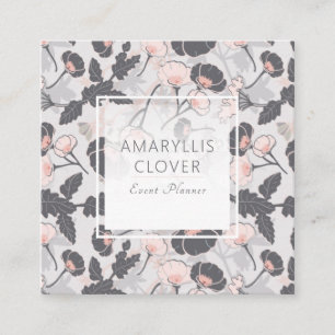 Elegant Feminine Pink Grey Layered Flowers Square Business Card