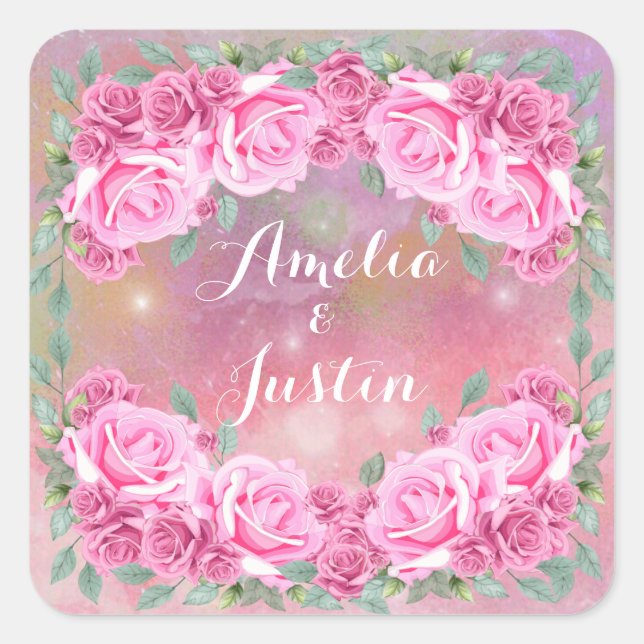 Elegant Feminine Romantic Pink Roses Arrangement Square Sticker (Front)