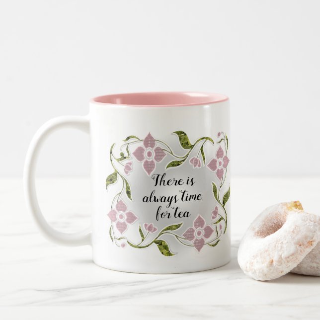 Elegant Feminine Tea Time Pink Flowers and Vines Two-Tone Coffee Mug (With Donut)