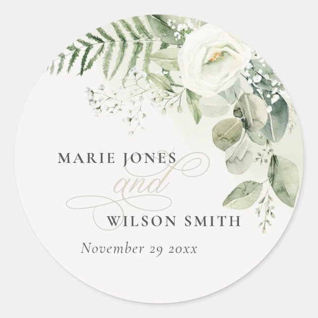 Elegant Fern Eucalyptus Greenery Foliage Wedding Classic Round Sticker (Front)
