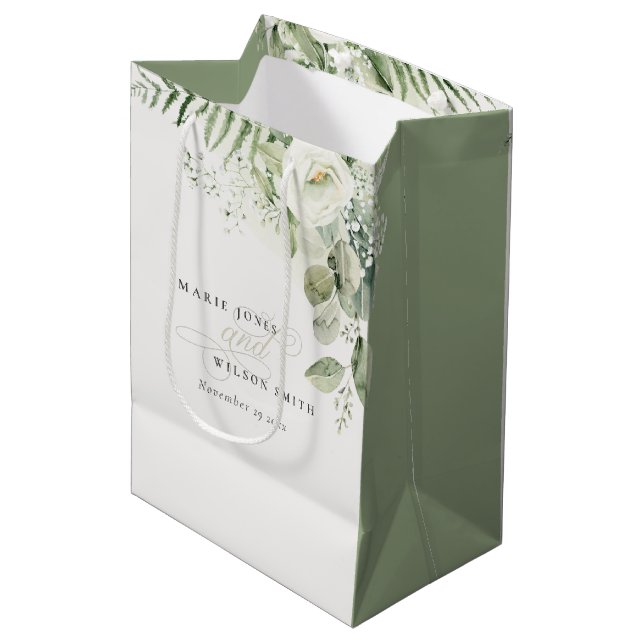 Elegant Fern Eucalyptus Greenery Foliage Wedding Medium Gift Bag (Front Angled)