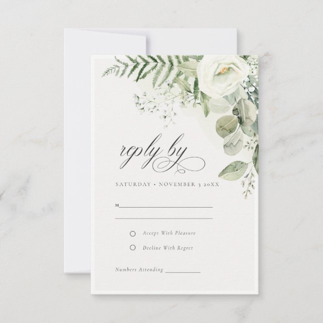 Elegant Fern Eucalyptus Greenery Foliage Wedding RSVP Card (Front)