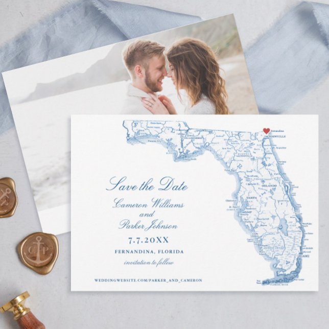 Elegant Fernandina Florida Wedding Navy Map Save The Date (Elegant Fernandina Florida Save the date with navy blue map by Coastal Map Designs)