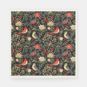 Elegant Festive Birds & Floral Christmas Red  Napkin