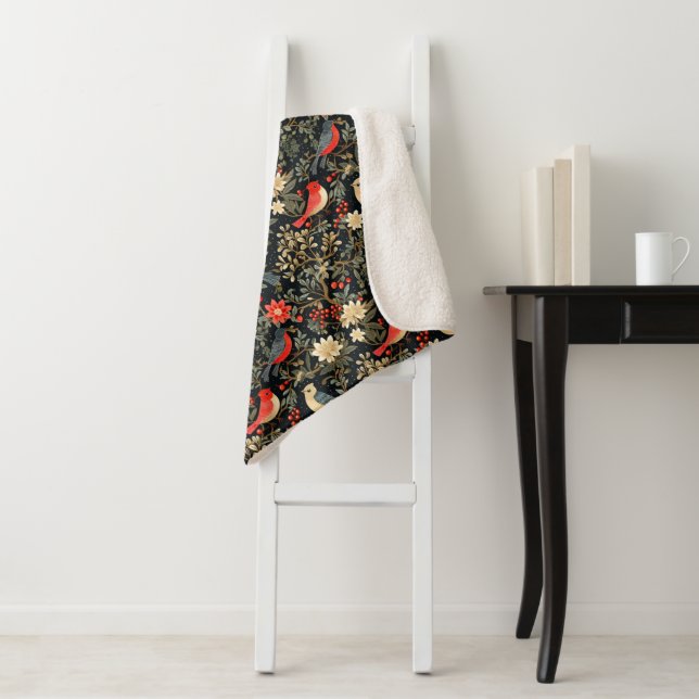 Elegant Festive Birds & Floral Christmas Red  Sherpa Blanket (In Situ)