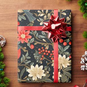 Elegant Festive Birds & Floral Christmas  Wrapping Paper