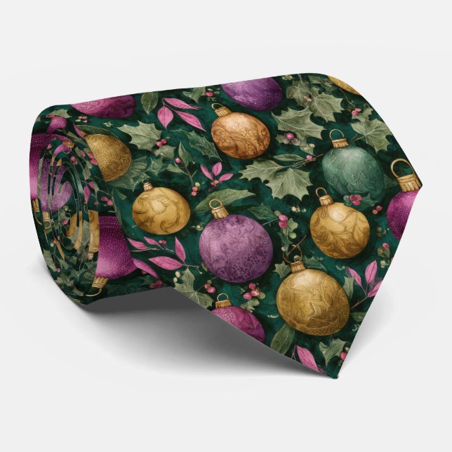 Elegant Festive Christmas Baubles Pattern  Tie (Rolled)