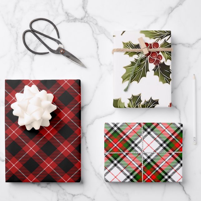 Elegant Festive Christmas Plaid and Holly Wrapping Paper Sheet (Front)