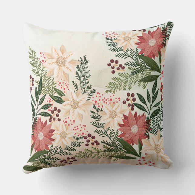 Elegant Festive Christmas Poinsettia Holiday Cushion (Back)