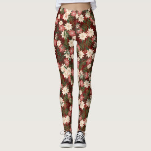 Elegant Festive Christmas Poinsettia Holiday Leggings
