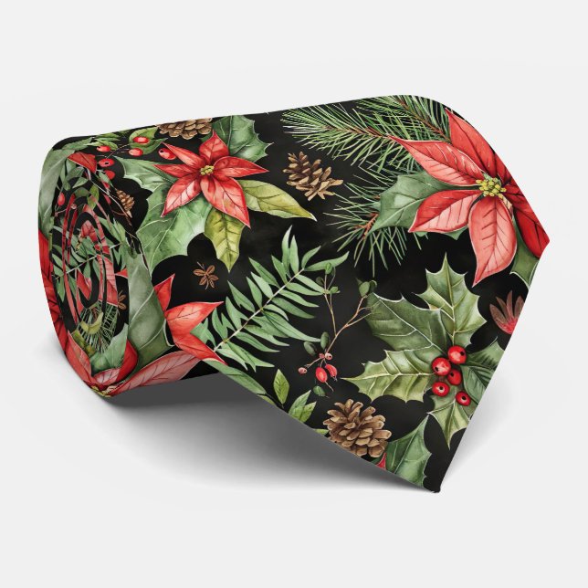 Elegant Festive Christmas poinsettia Pattern Tie (Rolled)