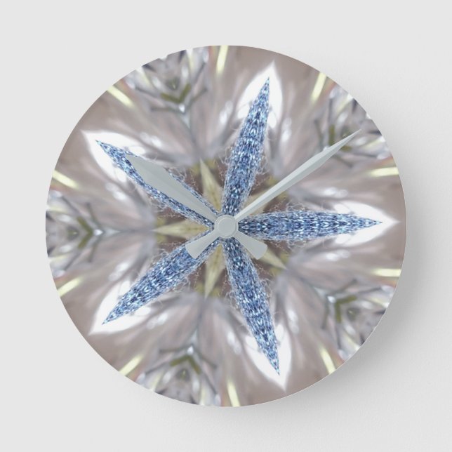 Elegant Festive Christmas Star Shiny Blue White Round Clock (Front)