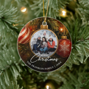 Elegant Festive Christmas Tree Baubles Photo Ceramic Ornament