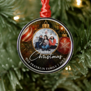 Elegant Festive Christmas Tree Baubles Photo Metal Ornament