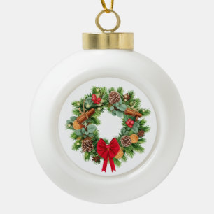 Elegant Festive Christmas Wreath with Red Bow Ceramic Ball Christmas Ornament