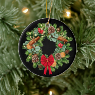 Elegant Festive Christmas Wreath with Red Bow Ceramic Ornament
