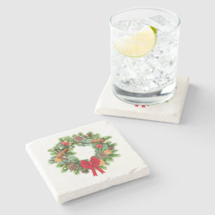 Elegant Festive Christmas Wreath with Red Bow Stone Coaster