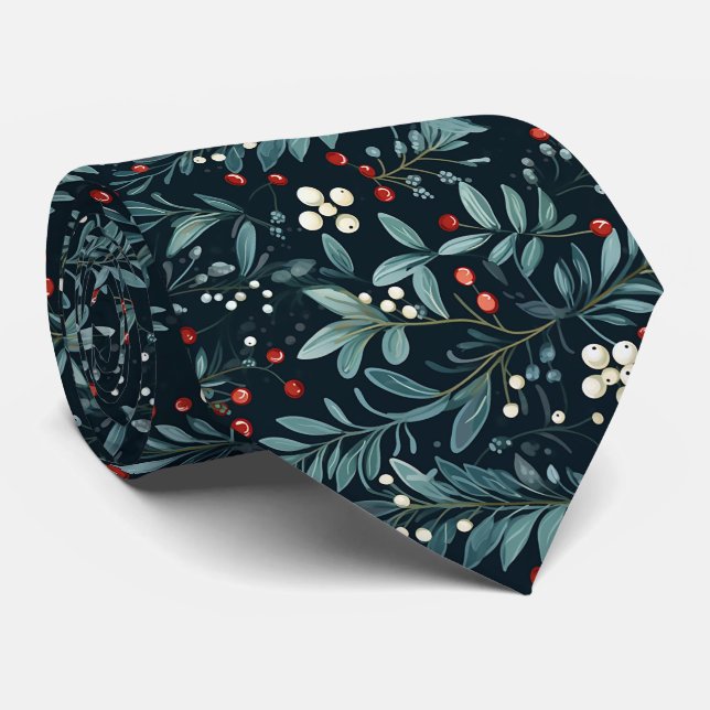Elegant Festive Dark Green Christmas Leave Pattern Tie (Rolled)