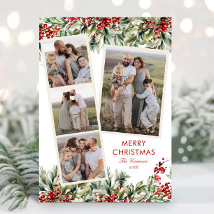Elegant Festive Five Photo Greenery  Holiday Card