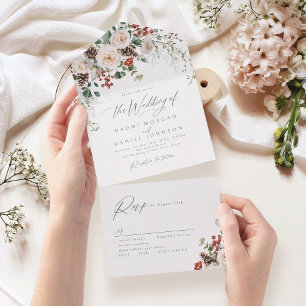 Elegant Festive Floral Holiday Winter Wedding All In One Invitation